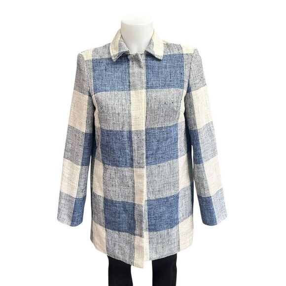 J. McLaughlin Womens Blue Beige Check Tweed Blazer Coat Size XS Pockets Lined - Picture 1 of 10